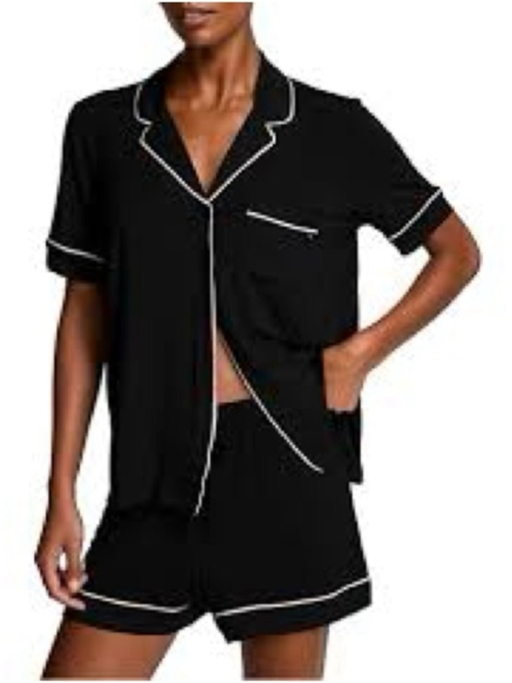 Womens Black Short Sleeve Two-Piece Pajama Set with White Piping Size XS